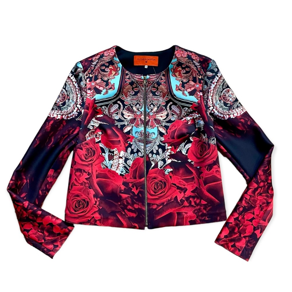 CLOVER CANYON Rose Matador neoprene cropped zipper closure bomber red jacket, XS